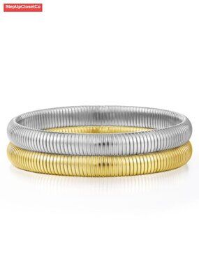 18K Gold Plated Stainless Steel Non Tarnish Stretch Bangle Bracelet Set for